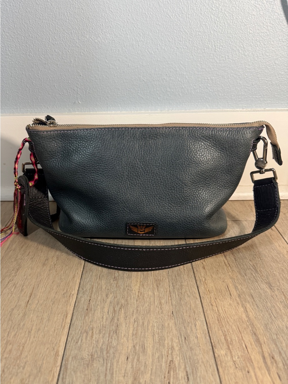 Consuela Navy Pebbled Leather Shoulder Bag Zip Top Purple Stitch
